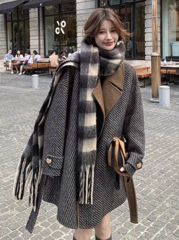 Korean Style Striped Contrast Woolen Coat - Image 2