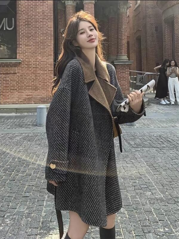 Korean Style Striped Contrast Woolen Coat - Image 4