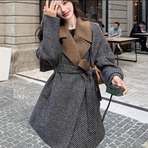 Korean Style Striped Contrast Woolen Coat